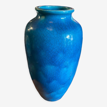 Vase raoul lachenal en céramique à glaçure craquelée bleu égyptien à balustre français