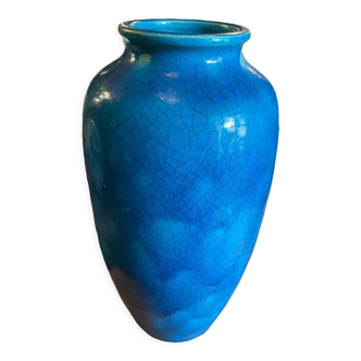 Vase raoul lachenal en céramique à glaçure craquelée bleu égyptien à balustre français