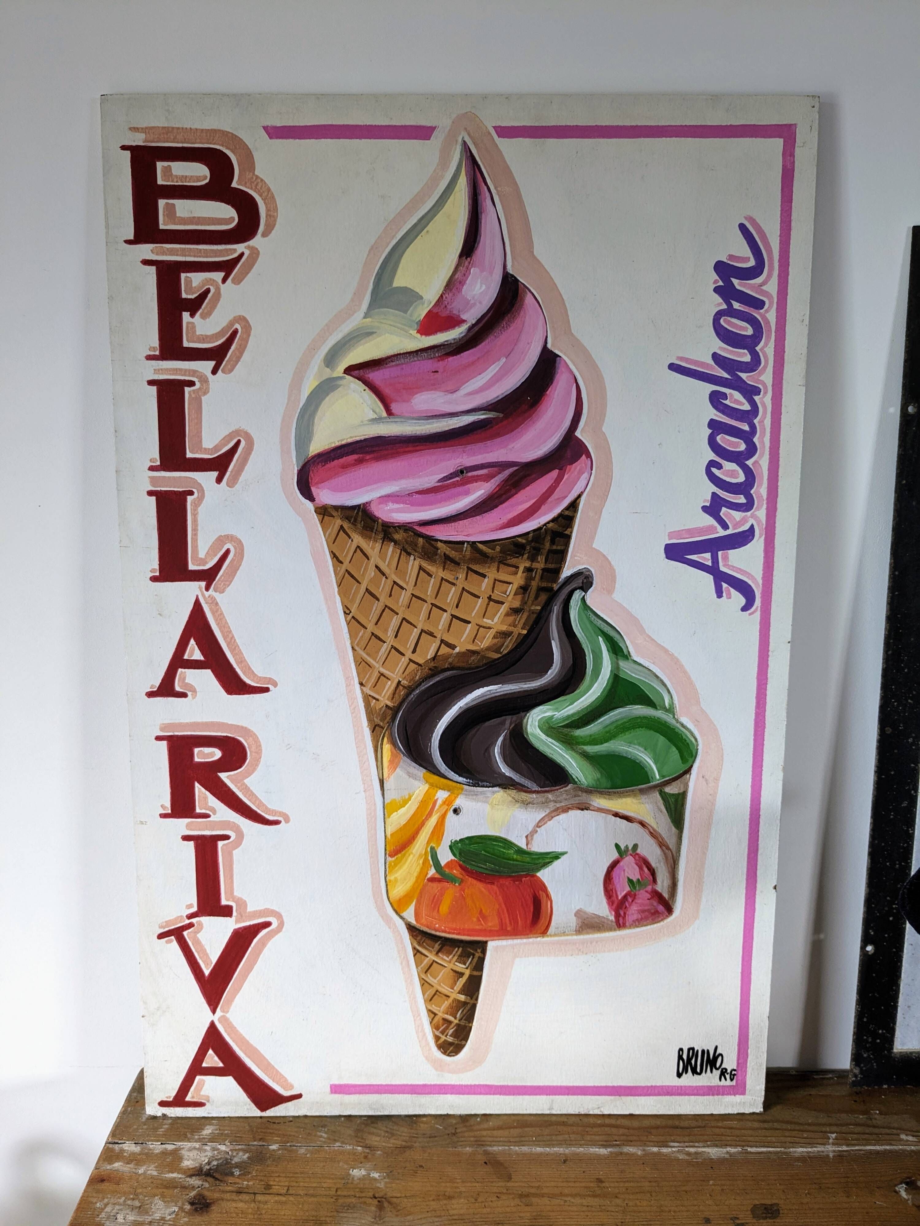 Vintage artisanal ice cream parlour sign Bellariva Arcachon 90 x 58cm