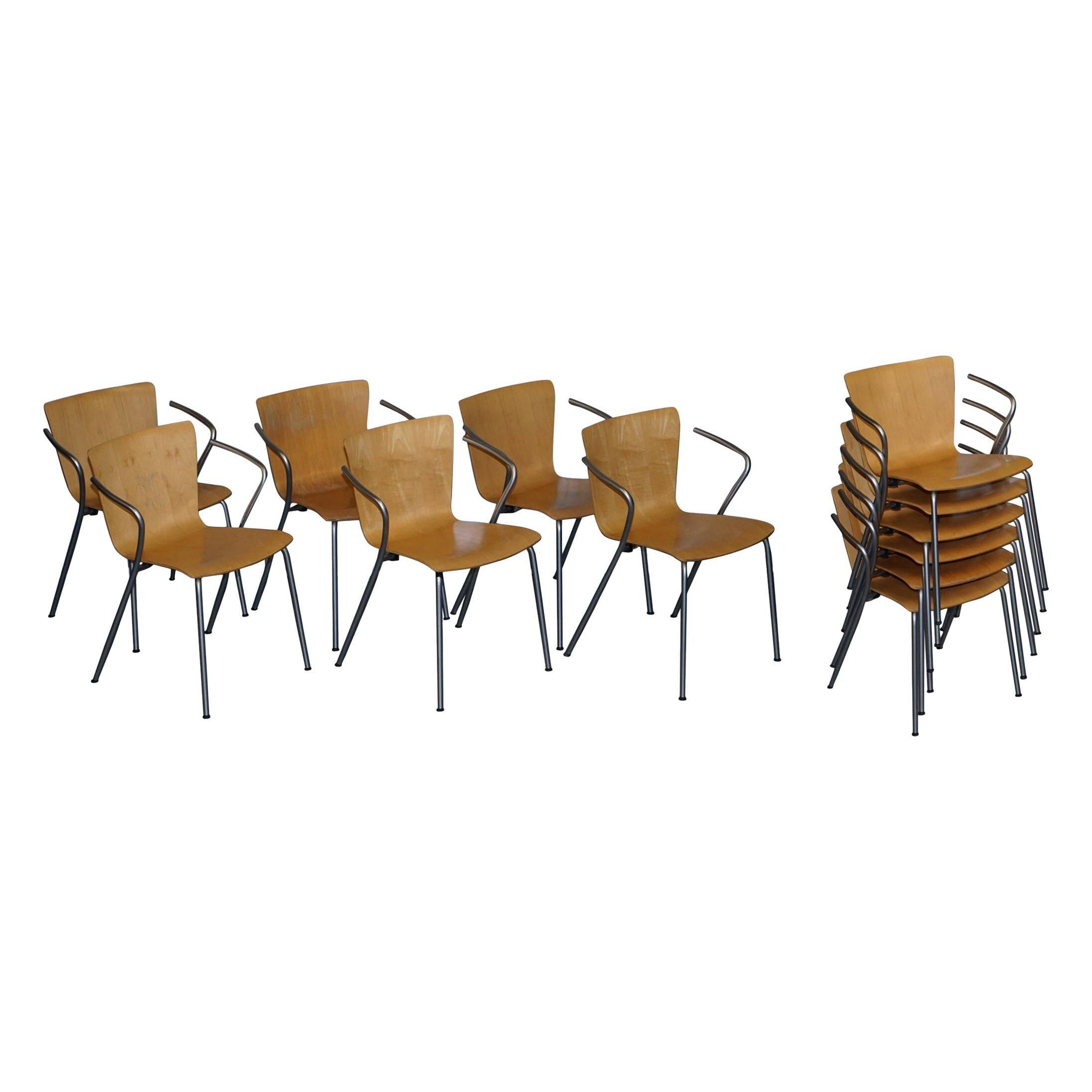 Six vintage stackable armchairs by Fritz Hansen, Vico Magistretti, in bent wood.