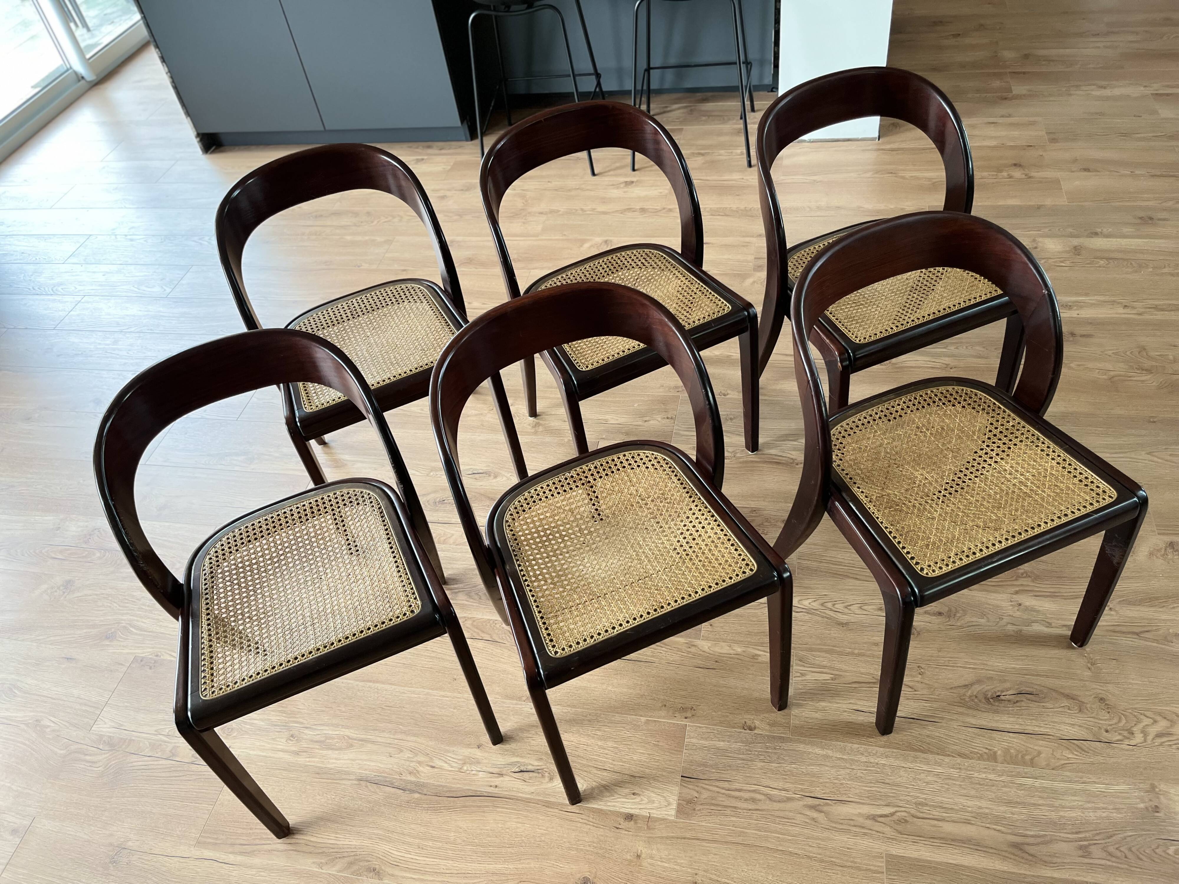 Baumann oval extendable dining room table and 6 Baumann Sled chairs known as gondola