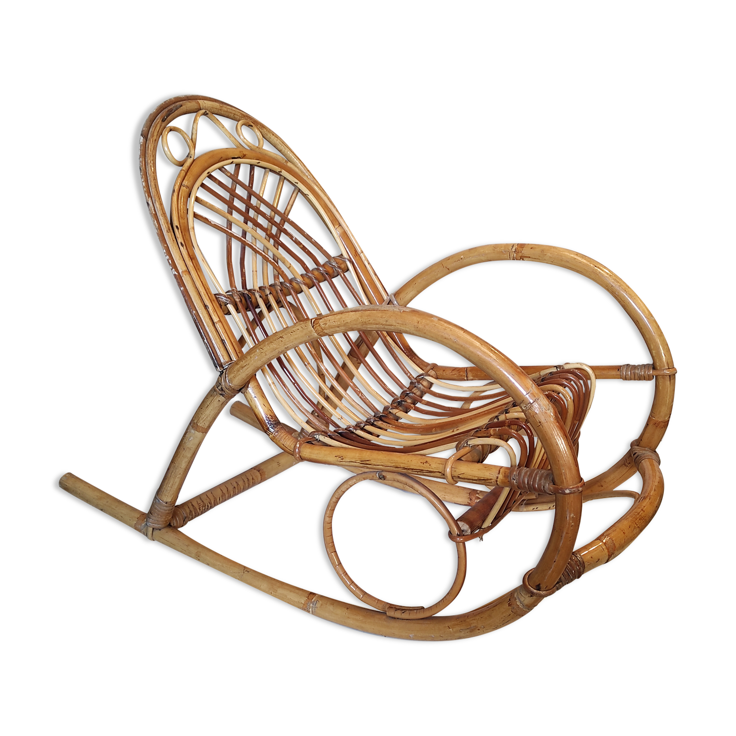 Old Italian vintage rattan rocking chair for children