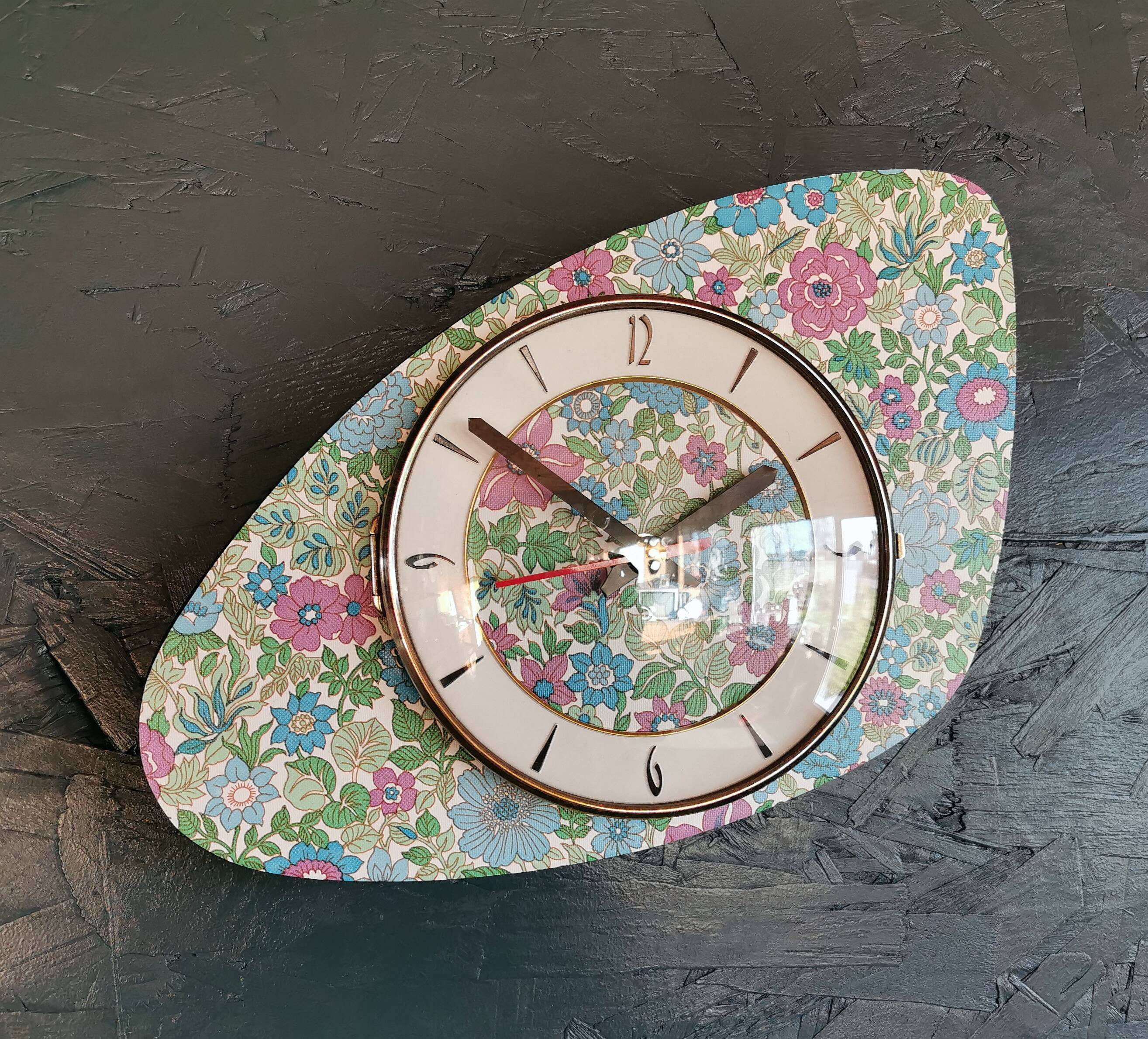 Vintage formica clock silent asymmetrical wall pendulum "Flowered blue purple"