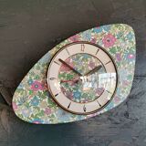 Vintage formica clock silent asymmetrical wall pendulum "Flowered blue purple"