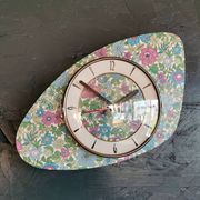 Vintage formica clock silent asymmetrical wall pendulum "Flowered blue purple"