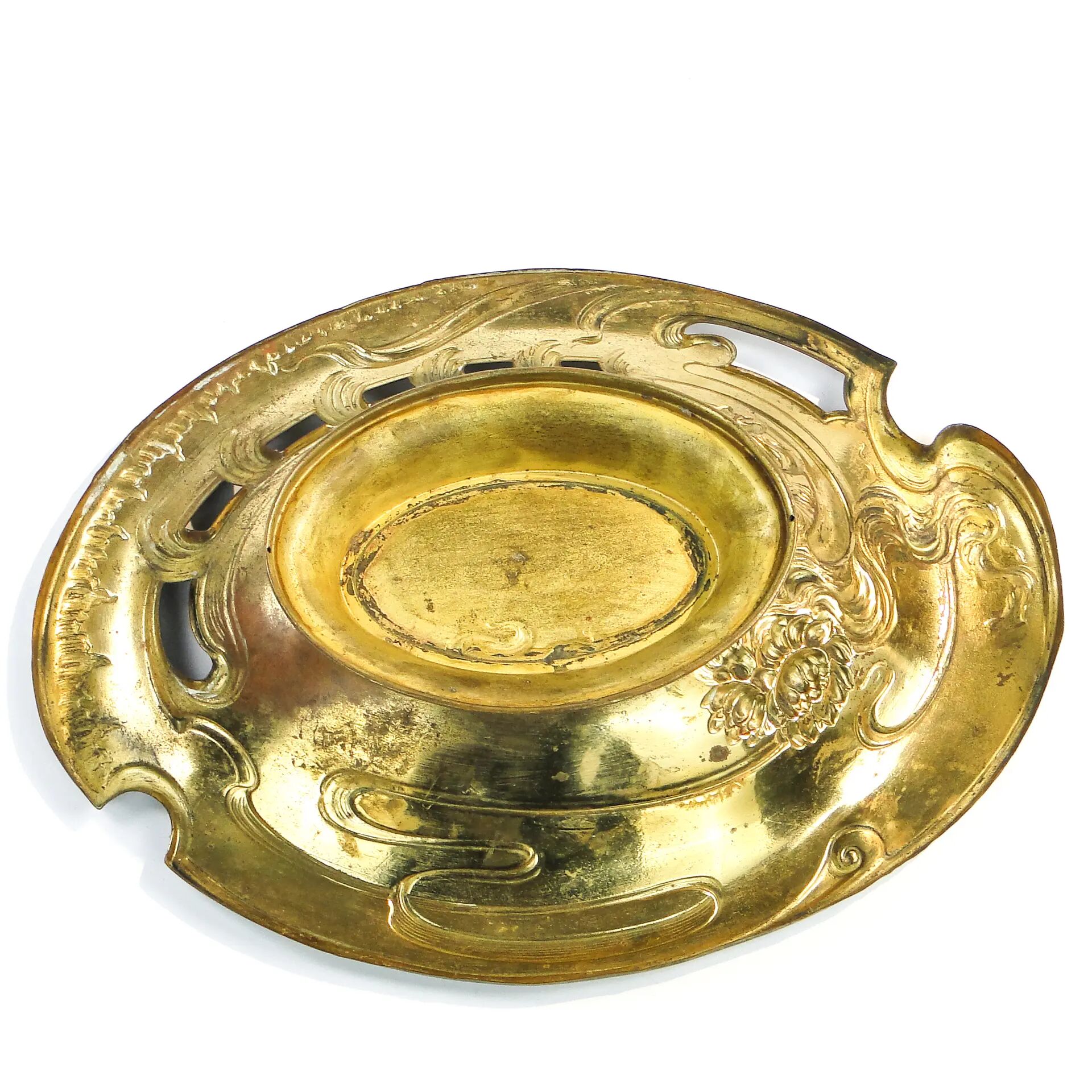 Art Nouveau platter, gilded brass, Zolberg Brothers, Poland, 19th century