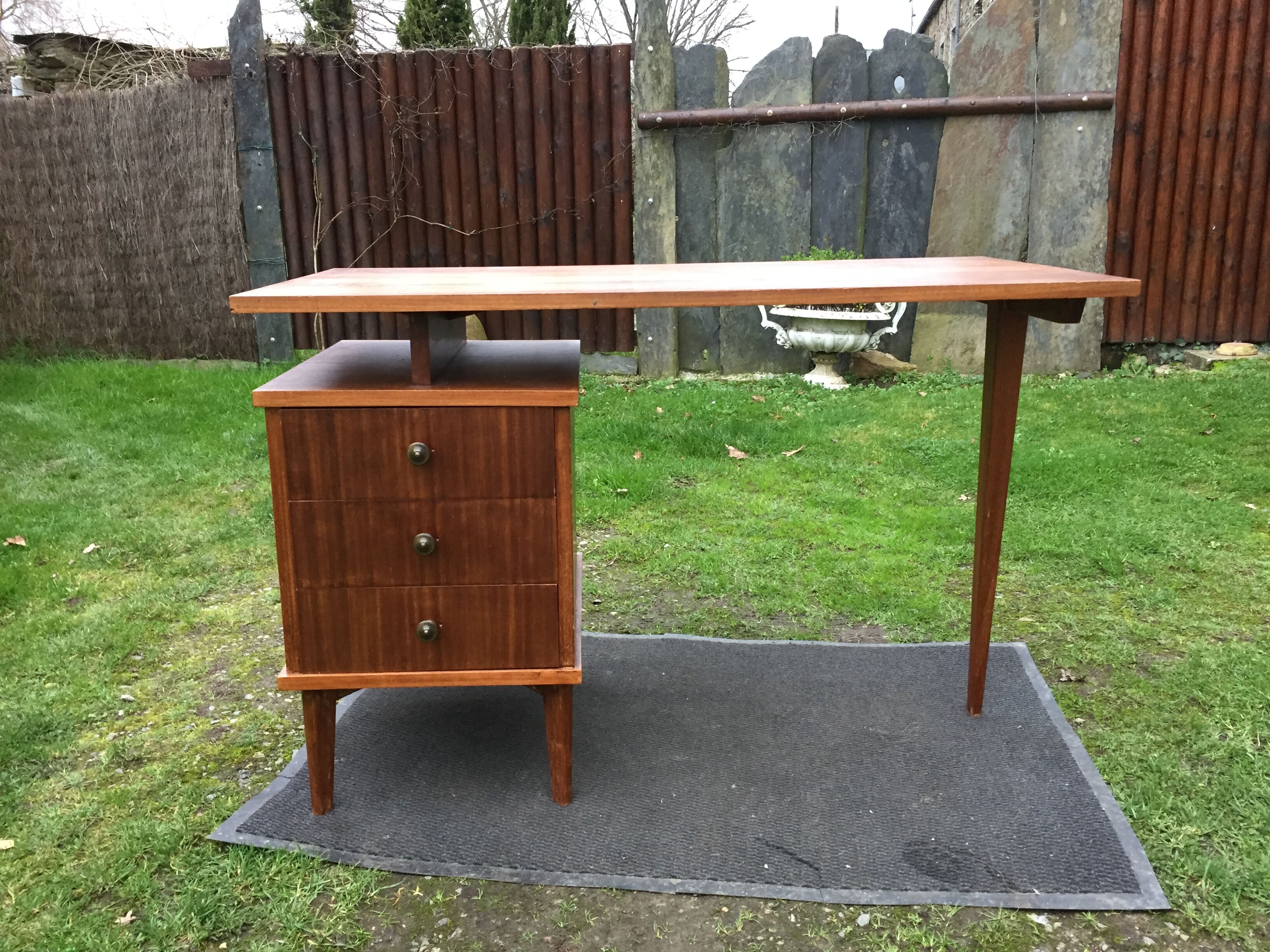 Vintage teak desk with 5 feet compass and 3 drawers