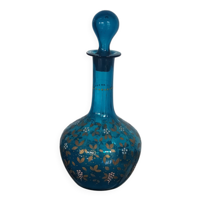 carafe ancienne en verre soufflé émaillé bleu et or