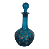 antique blue and gold enameled blown glass carafe