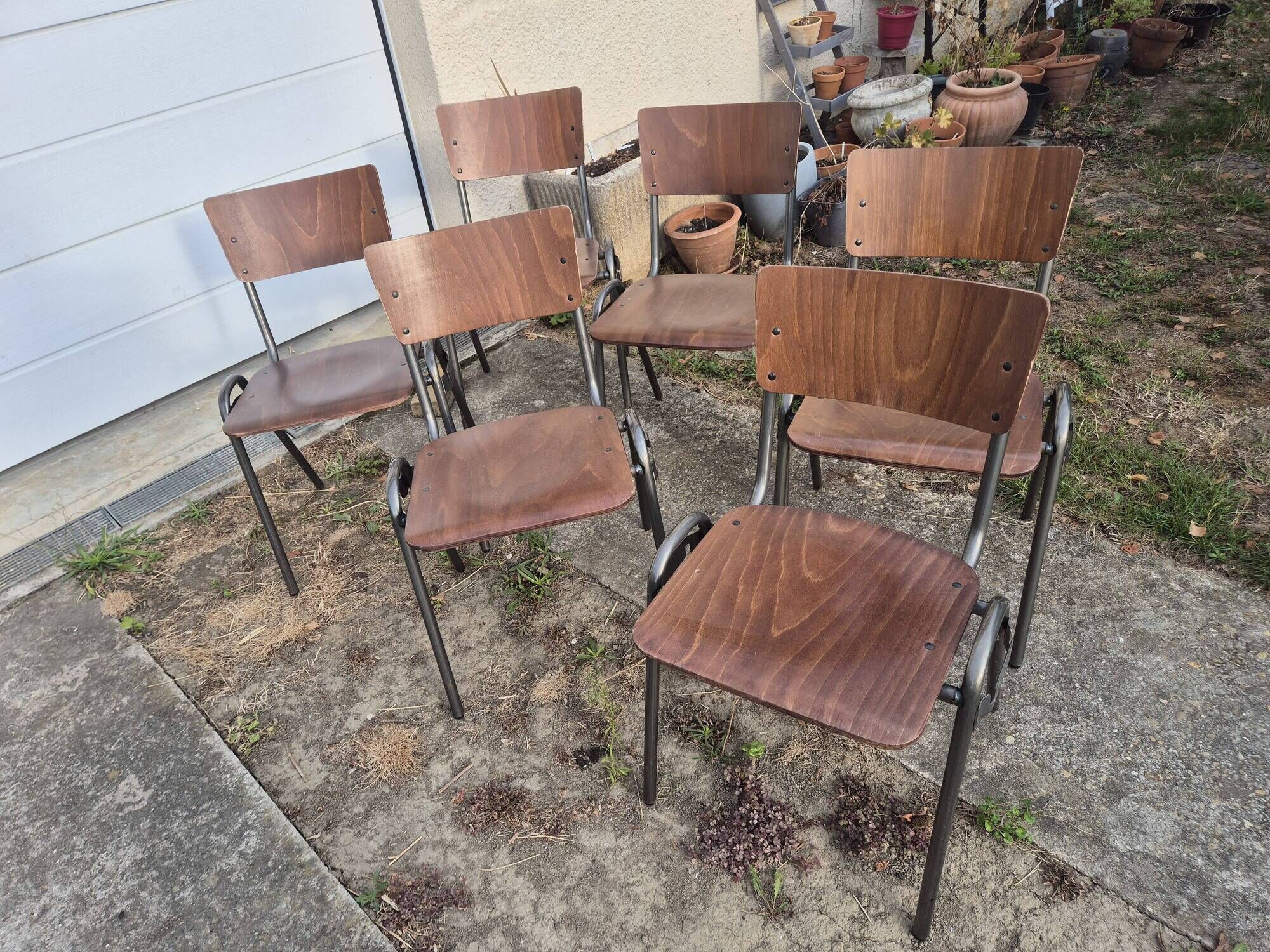 set of 6 vintage design chairs in wood and metal