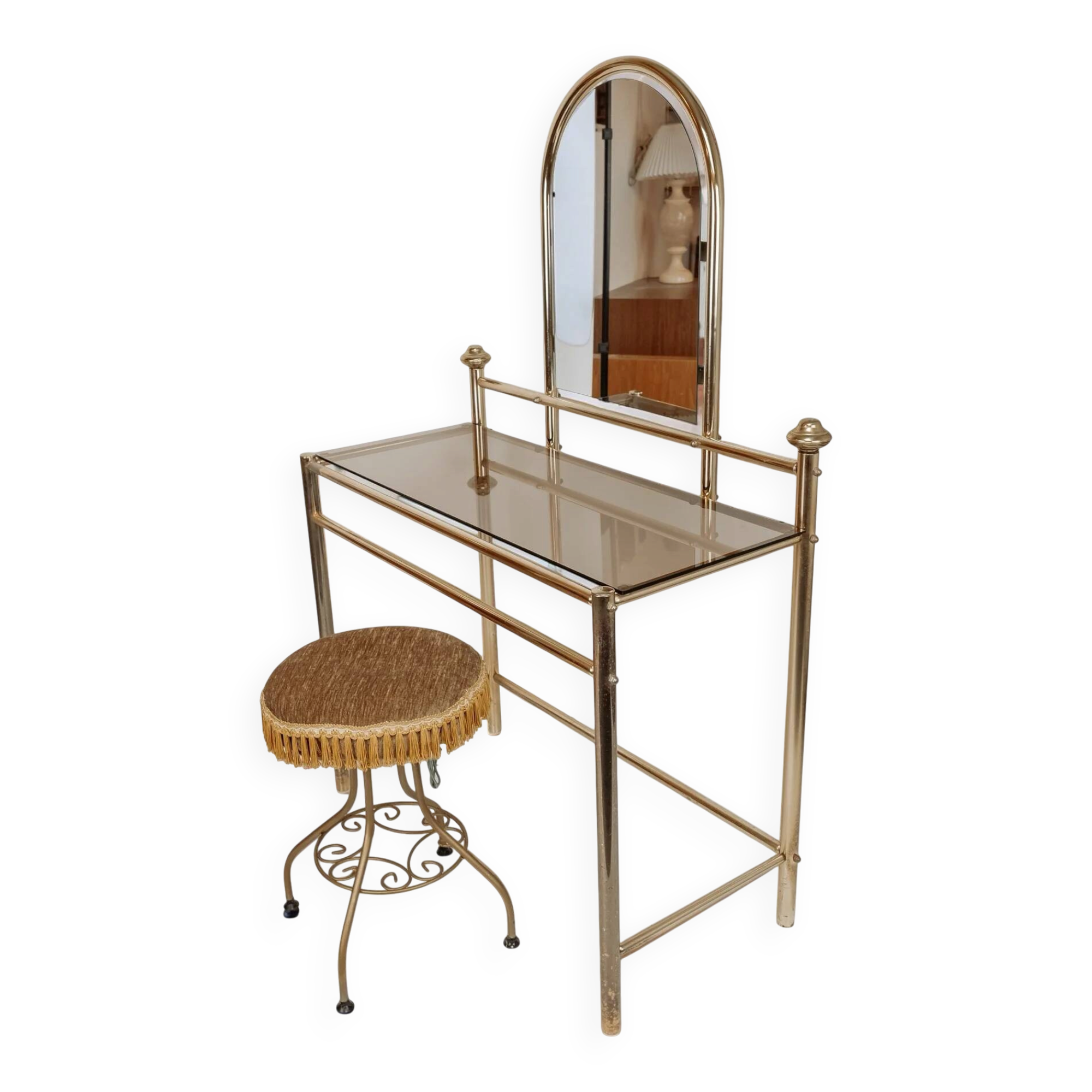 Coiffeuse vanity vintage en laiton avec tabouret