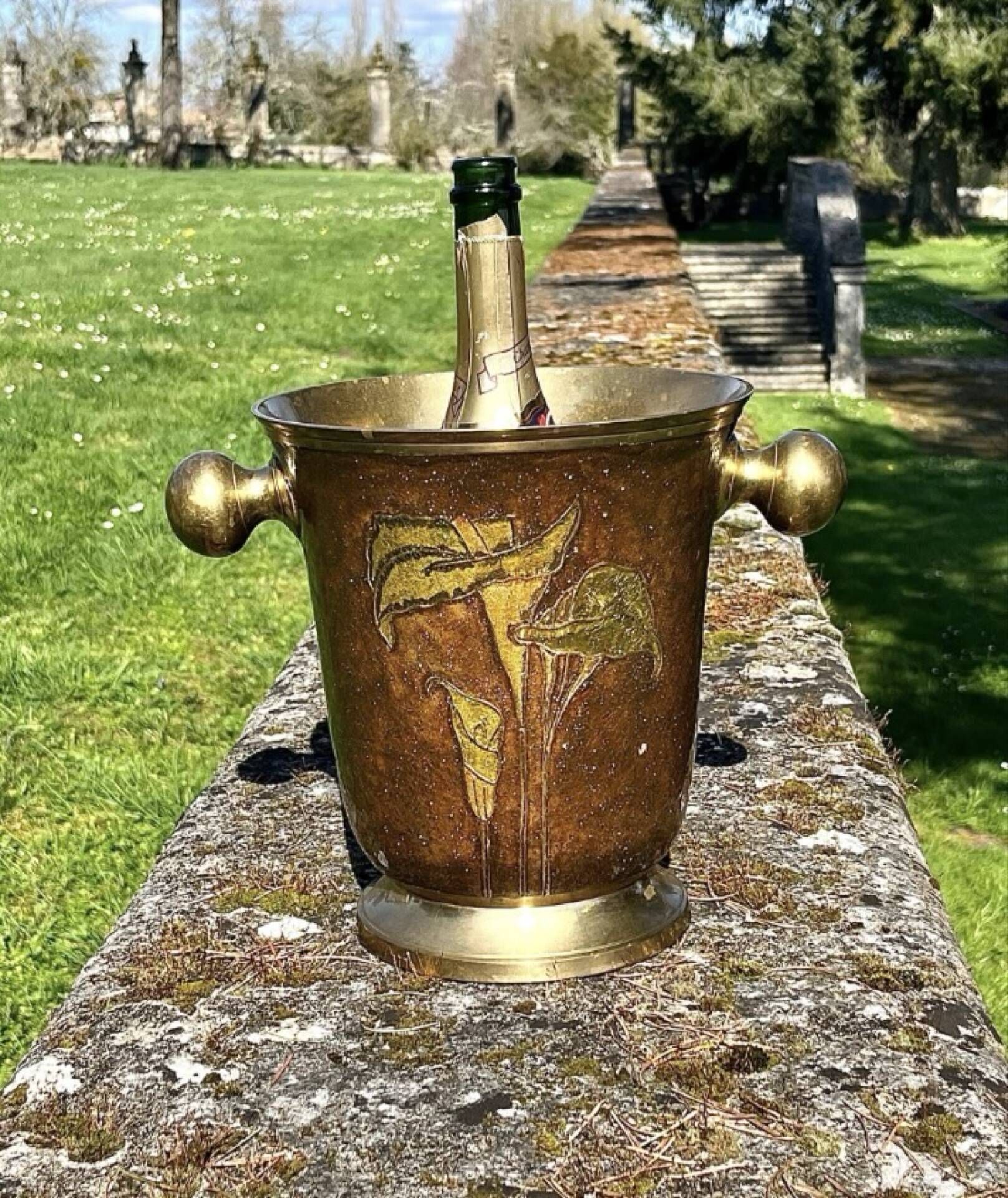 Brass Enamel Cloisonne cooler, French Floral Champagne Ice Bucket