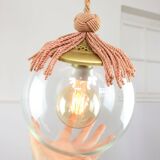 Art Deco Italian Pink Fabric and Brass Globe Pendant Lamp