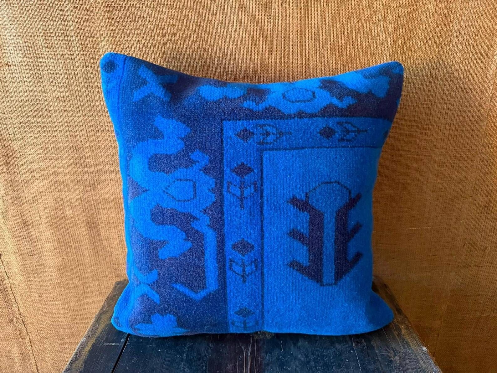 Vessel Motif Rug Cushion, Cobalt Navy Wool, Tribal Kilim Decor 20x20