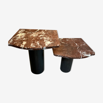 Table double plateau marbre bordeaux et pied acier