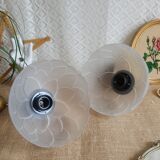 Pair of frosted glass flower pendant lights with vintage wood and brass