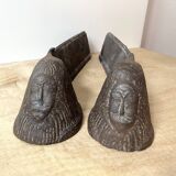Pair of modernist anthropomorphic fireplace andirons, brutalist log holders 1950s