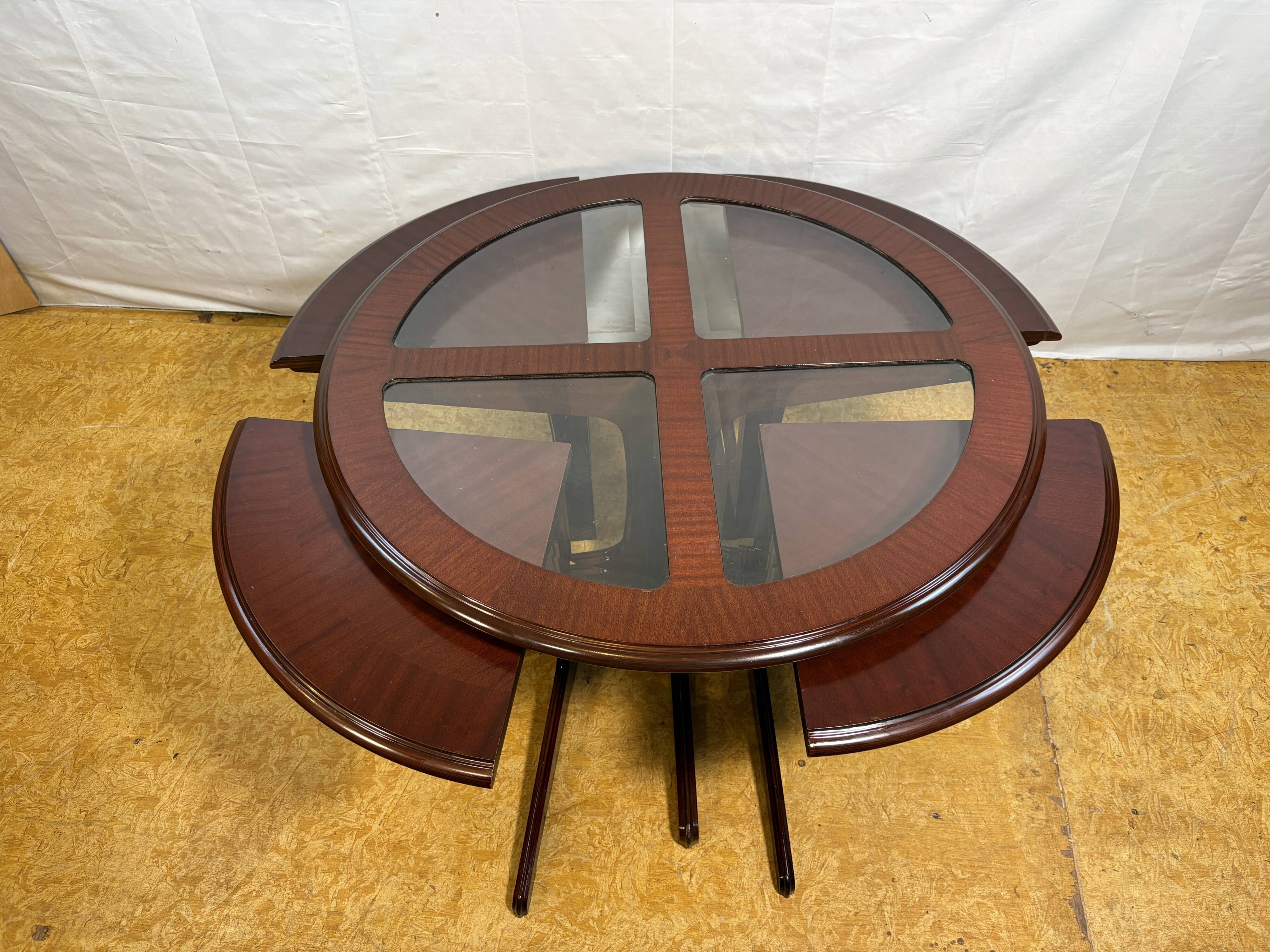 Vintage G-Plan Round Coffee Table & 4 Nested Stools | 1970s | Mahogany & Gl