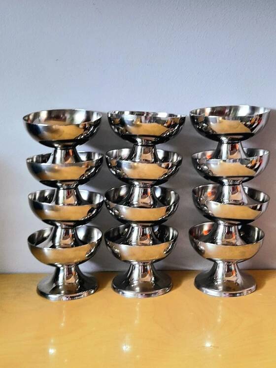 Set of 12 ice cream bowls, in stainless steel 1970