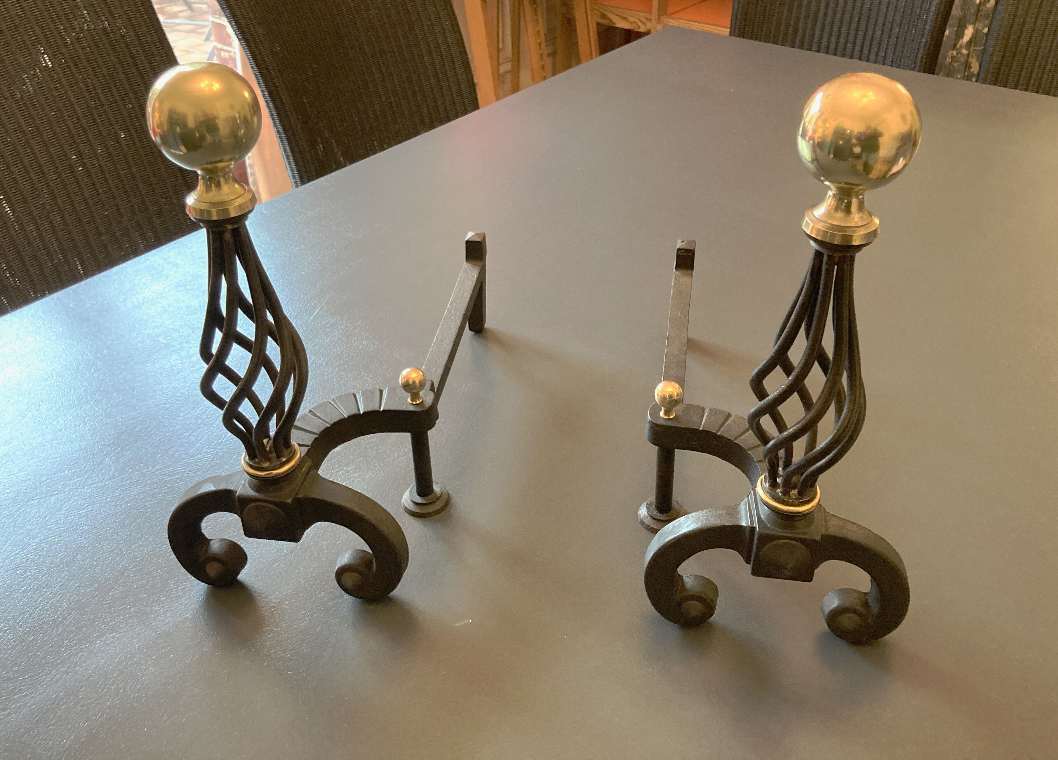 Chenets modernist bronze and cast iron