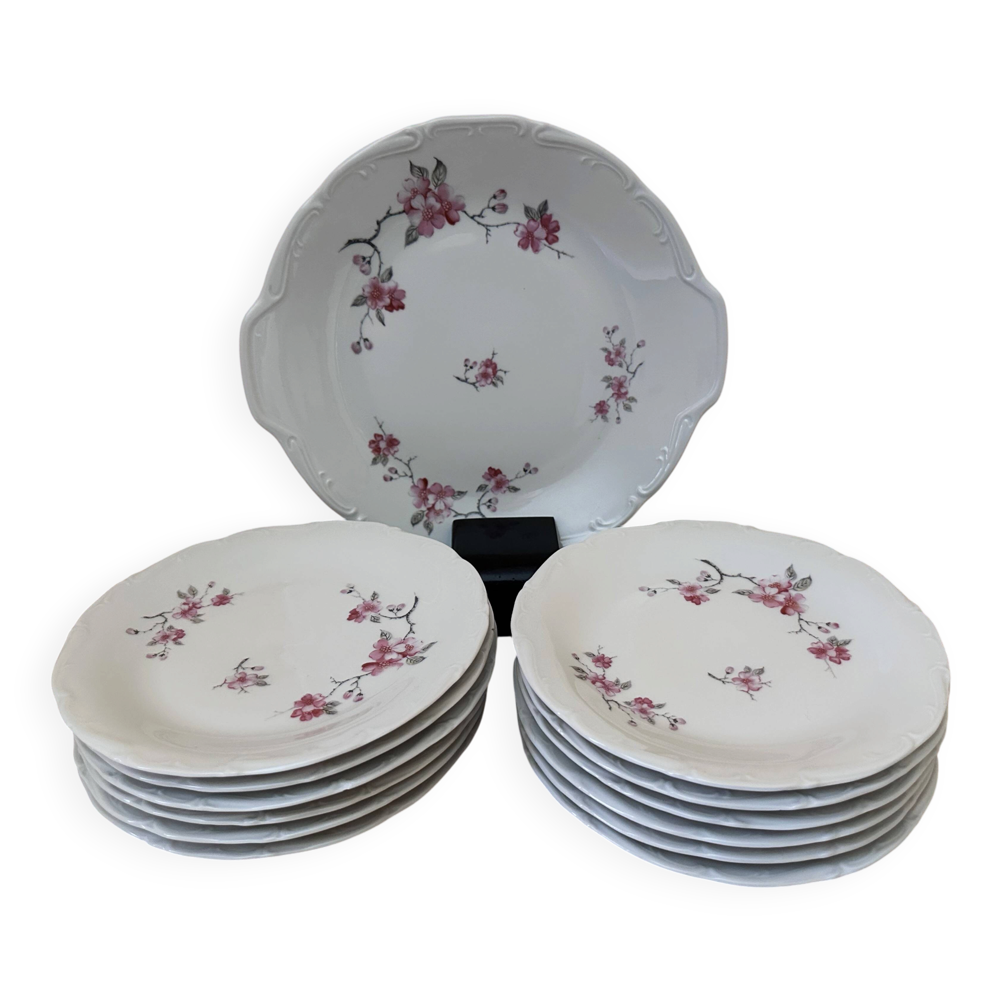 12 plates and 1 serving dish, white porcelain with apple blossom patterns.