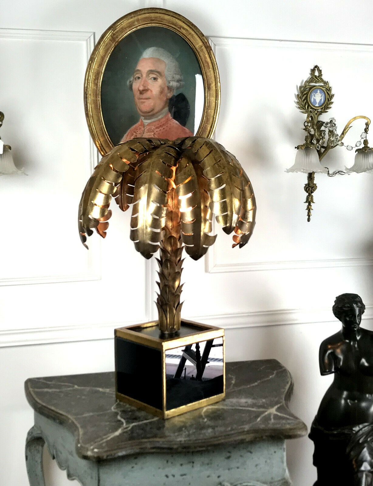 Palm tree table lamp in gilded metal and base in glass plates style year 70