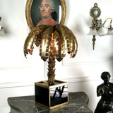 Palm tree table lamp in gilded metal and base in glass plates style year 70