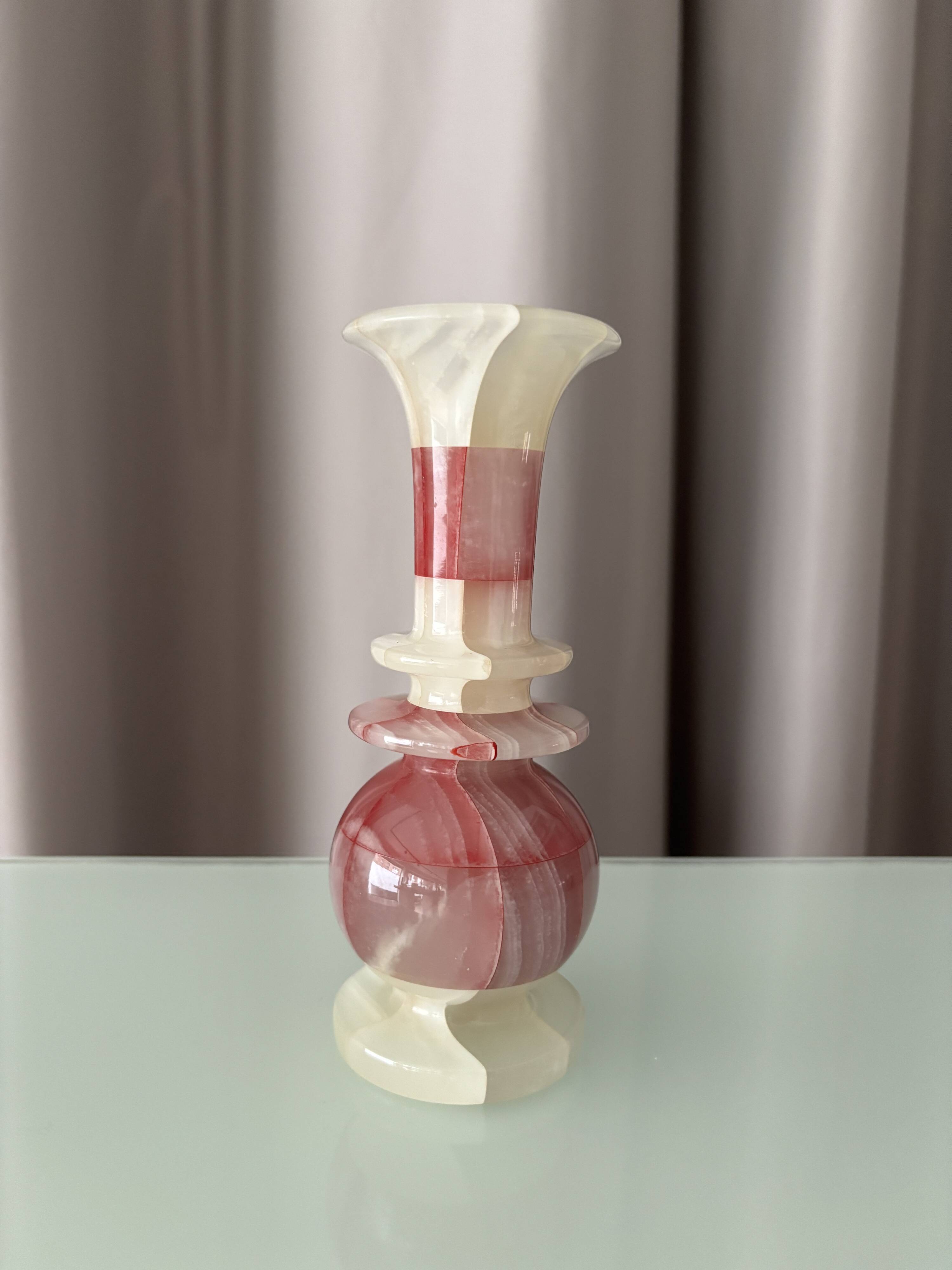Vintage Patchwork Onyx Vase – Pink & White Stone, Handcrafted (ca. 1970s)