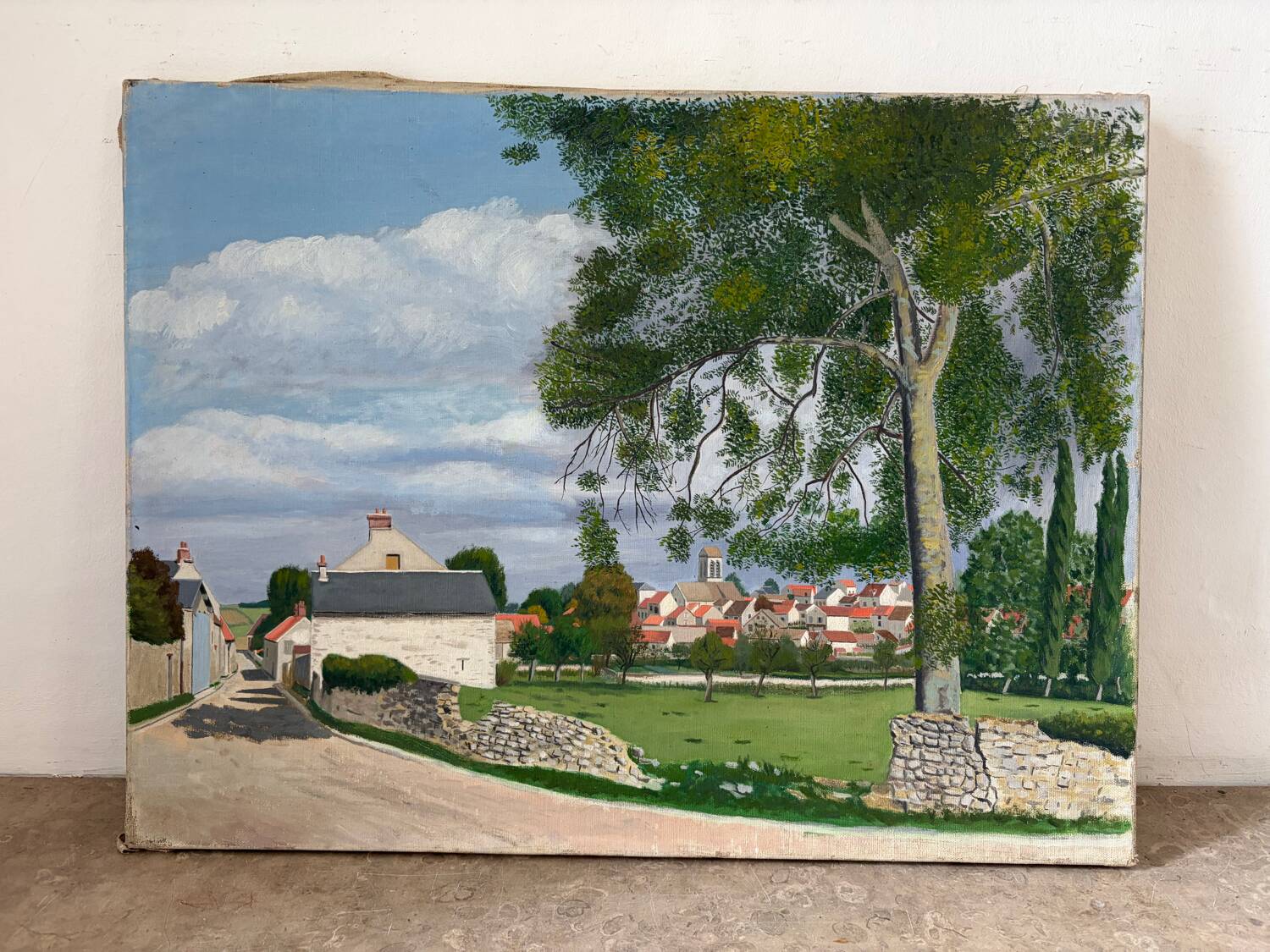 Landscape, arrival at the village, oil on canvas