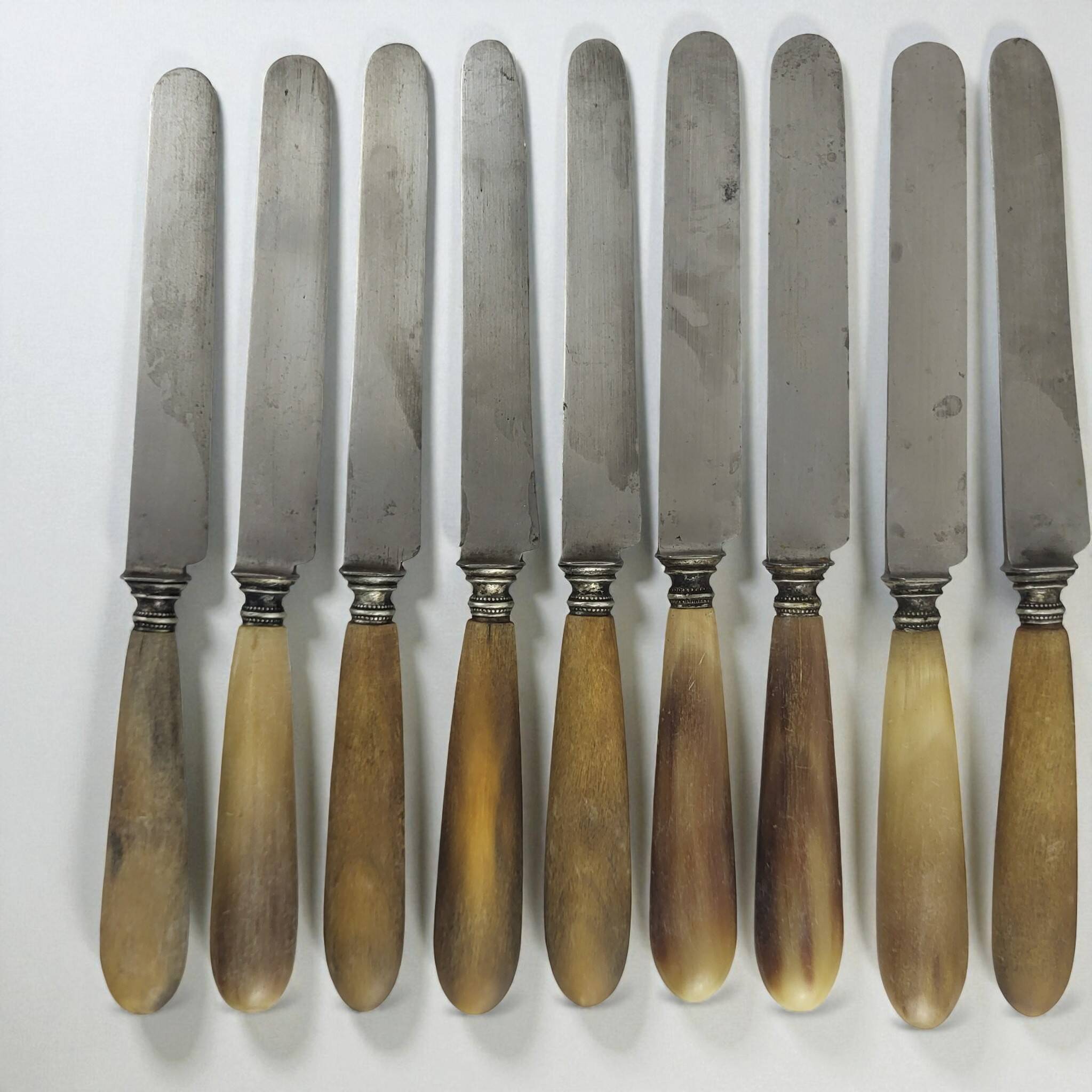 11 cheese/dessert knives with horn and steel handles, T-D Paris