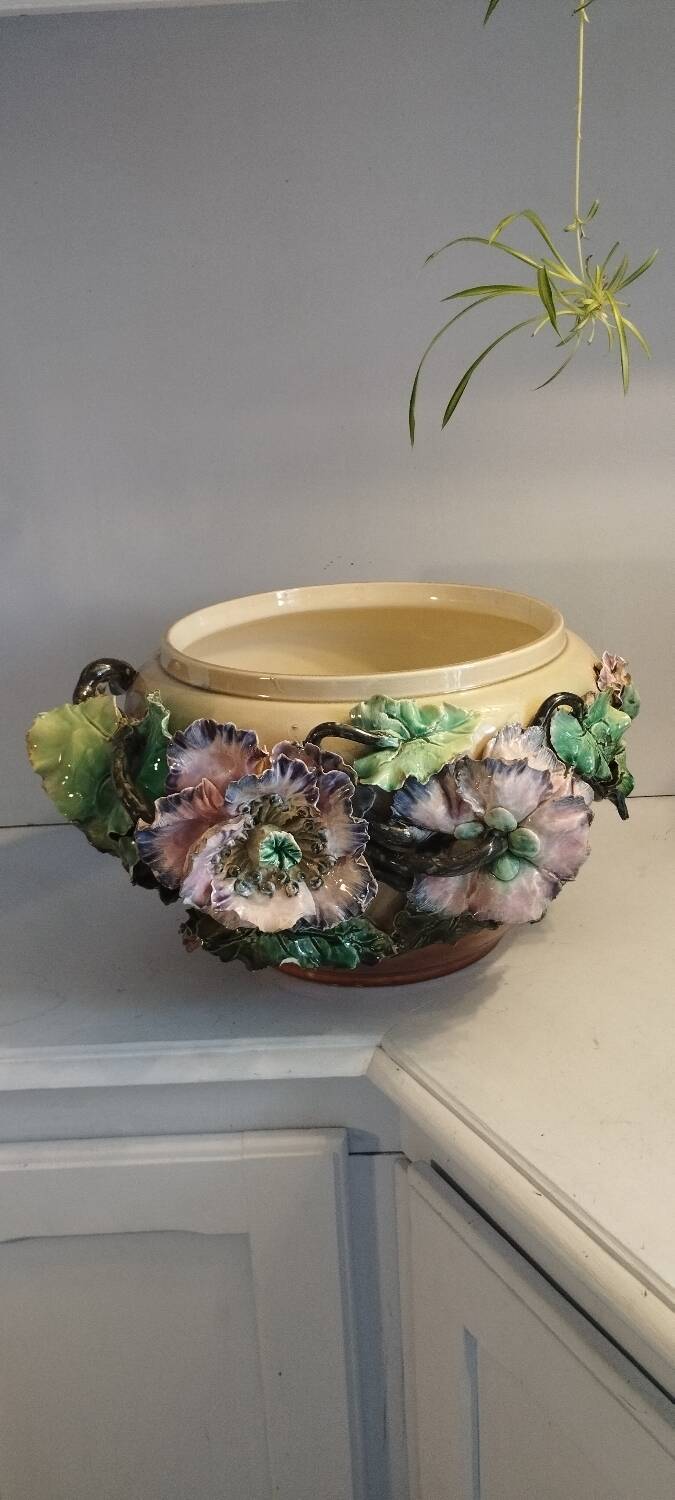 Grand Cache-pot Barbotine Art Nouveau - Décor Pavots Polychrome