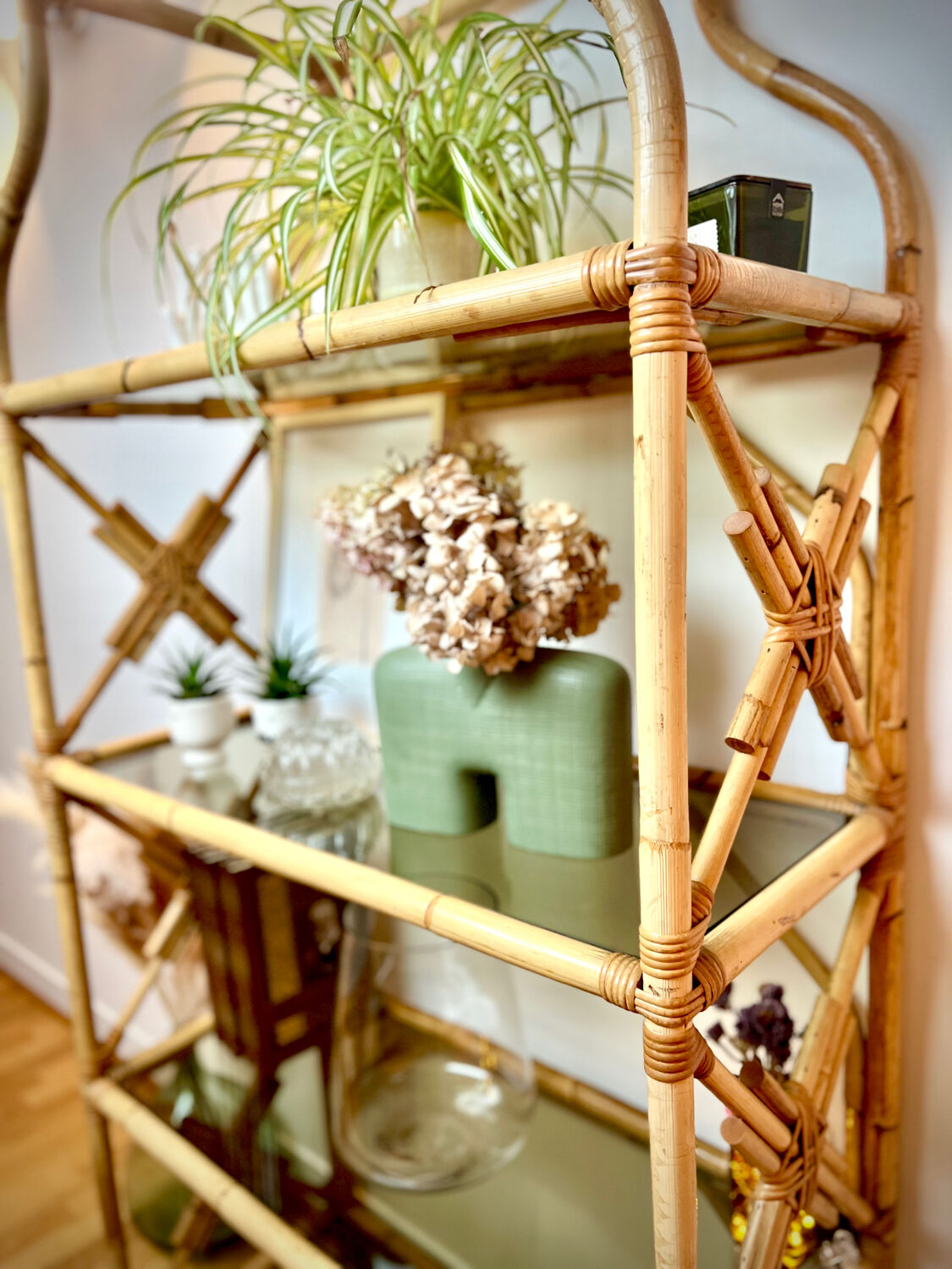 Rattan and glass shelf