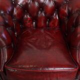 Set of a Red Cowhide Leather Chesterfield Club Chair and Side Table