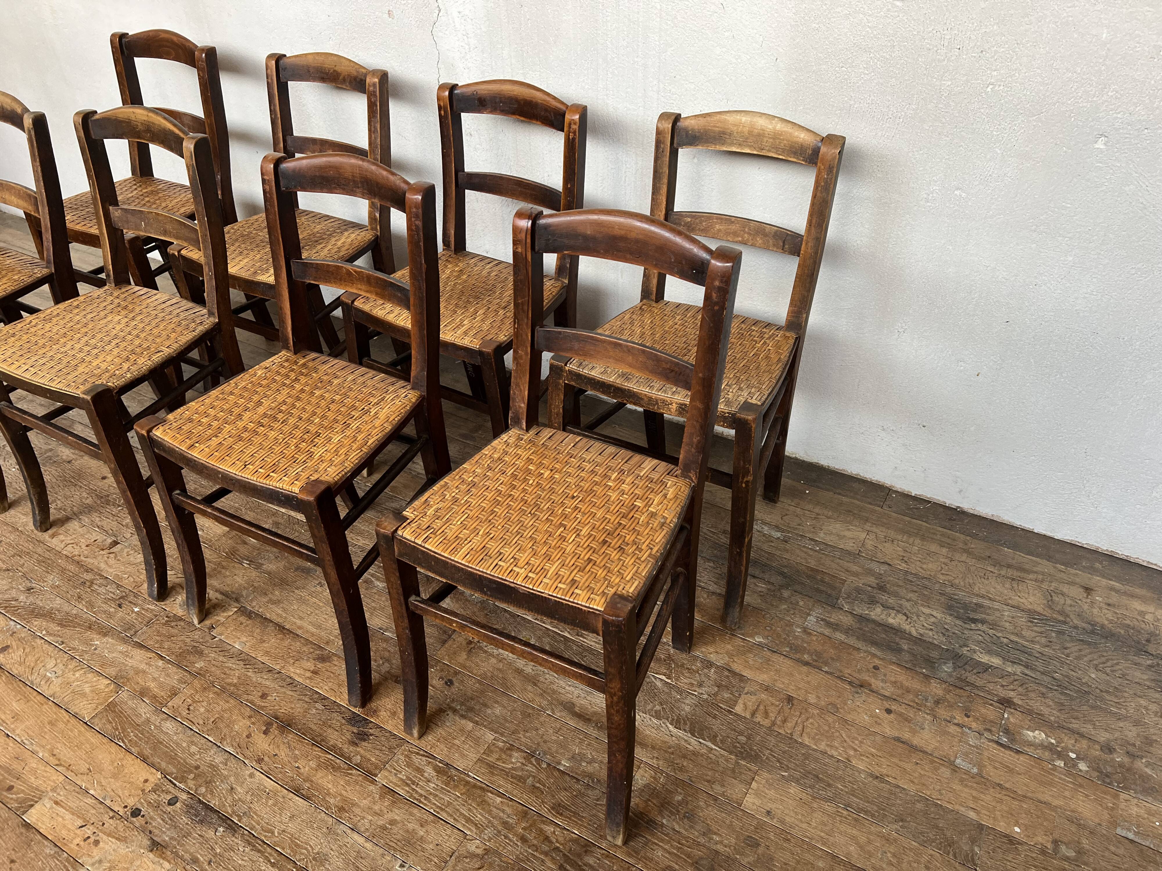 Series of 8 vintage bistro chairs early 20th wood and straw