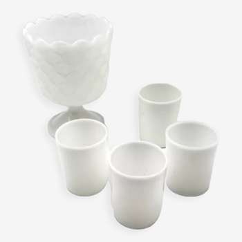 Set of white opalines, cup and glasses