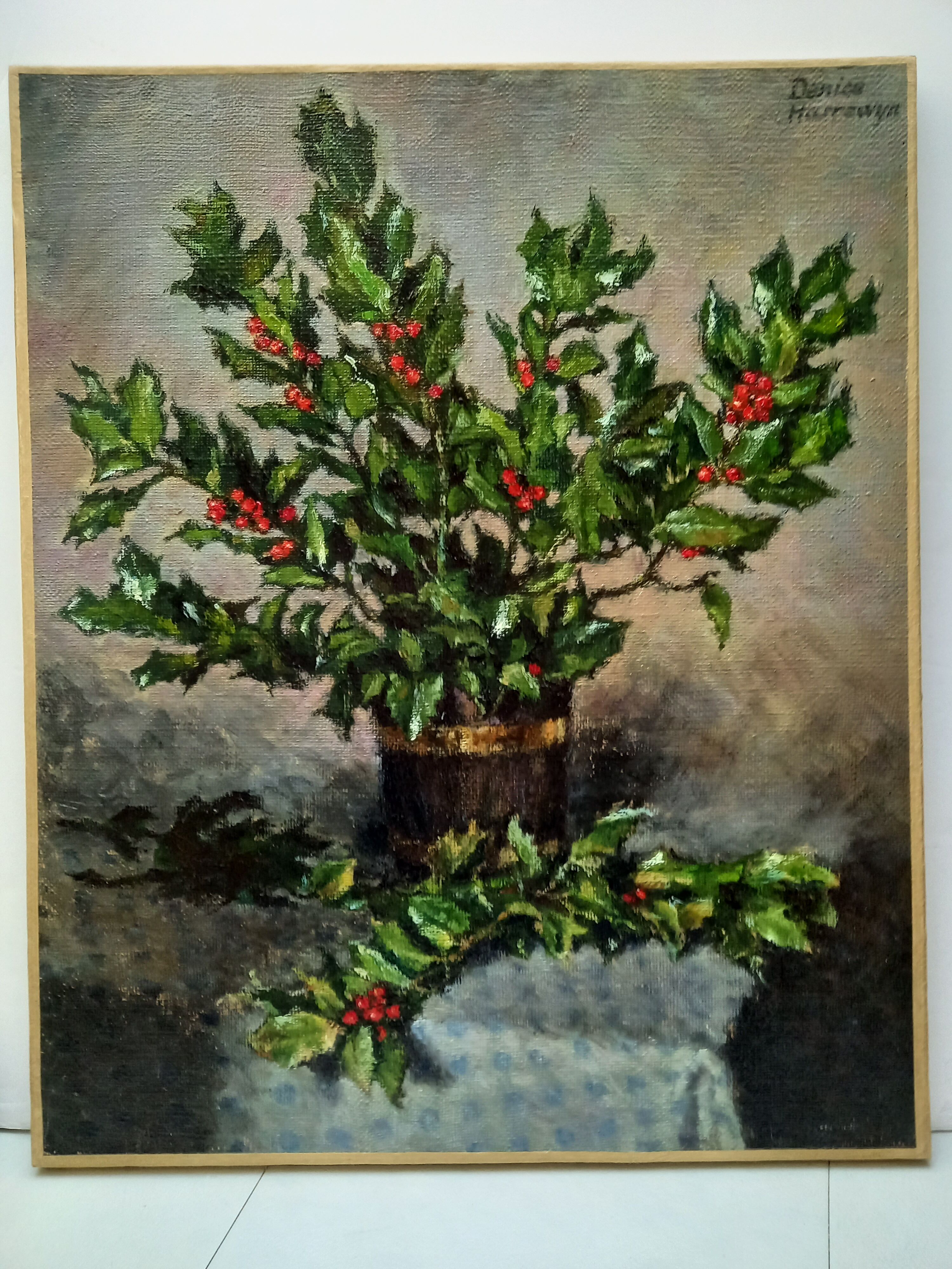 Huile sur toile bouquet de houx