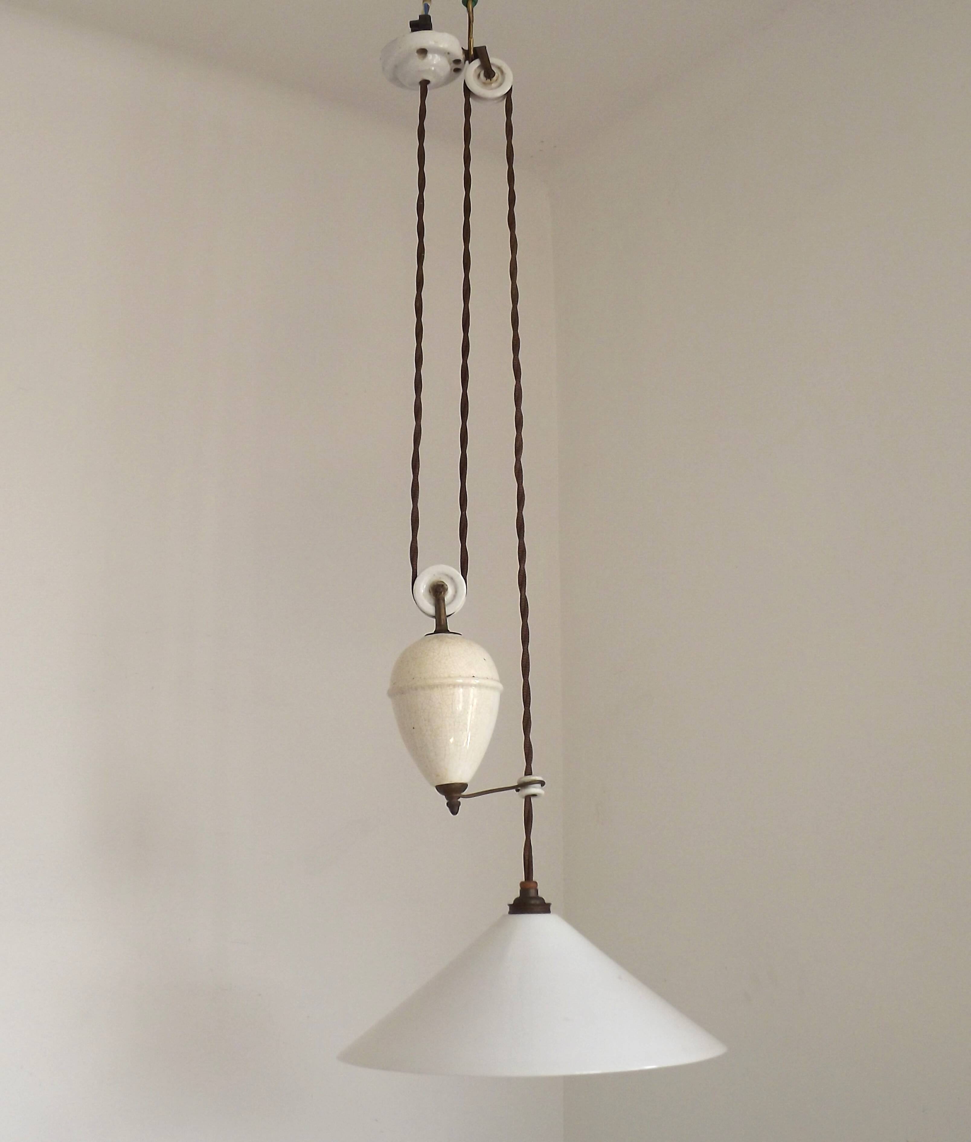 Vintage French Rise & Fall Counterbalance Ceiling Light Opaline Glass Shade