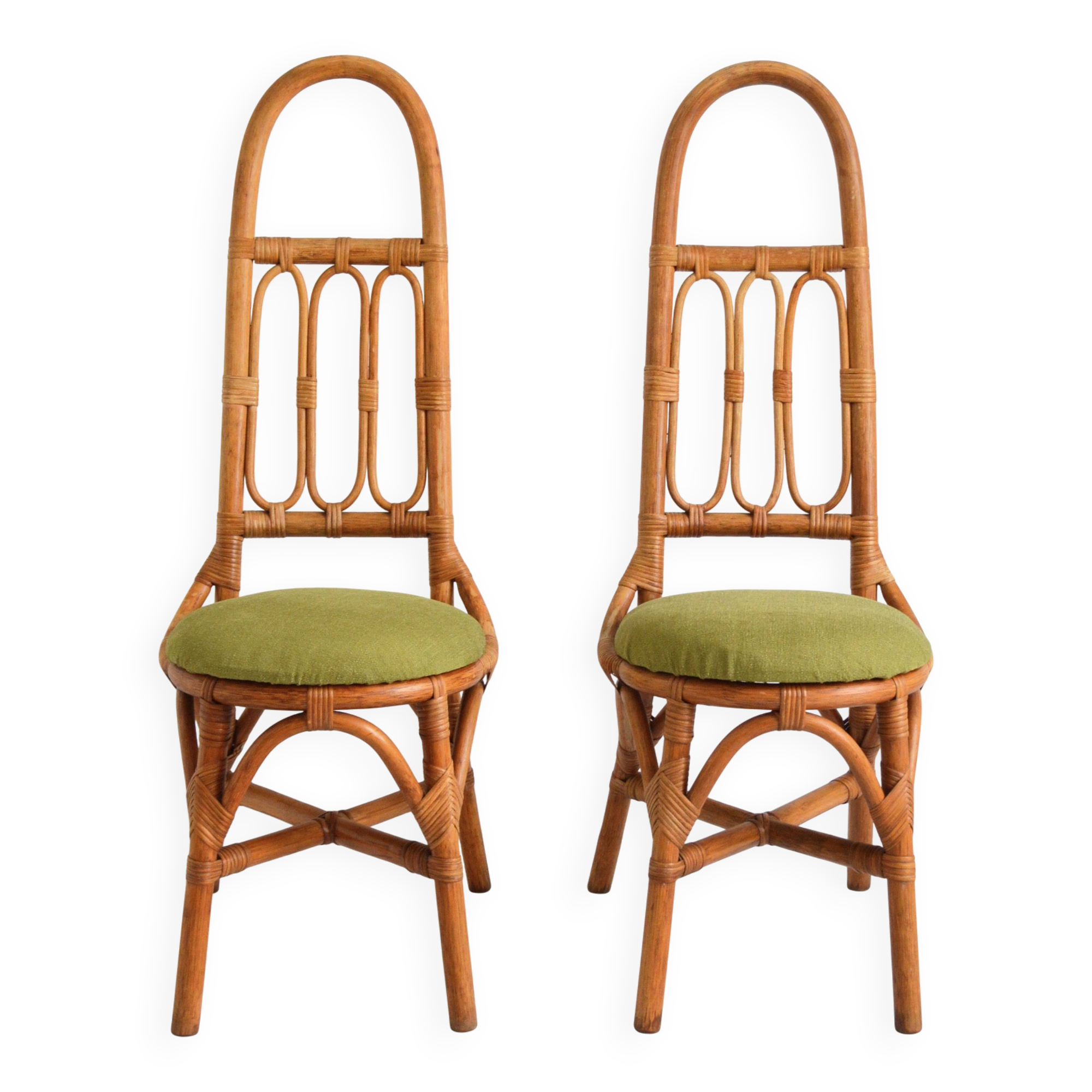 Pair of Italian high chairs in bamboo and rattan from the 1960s.