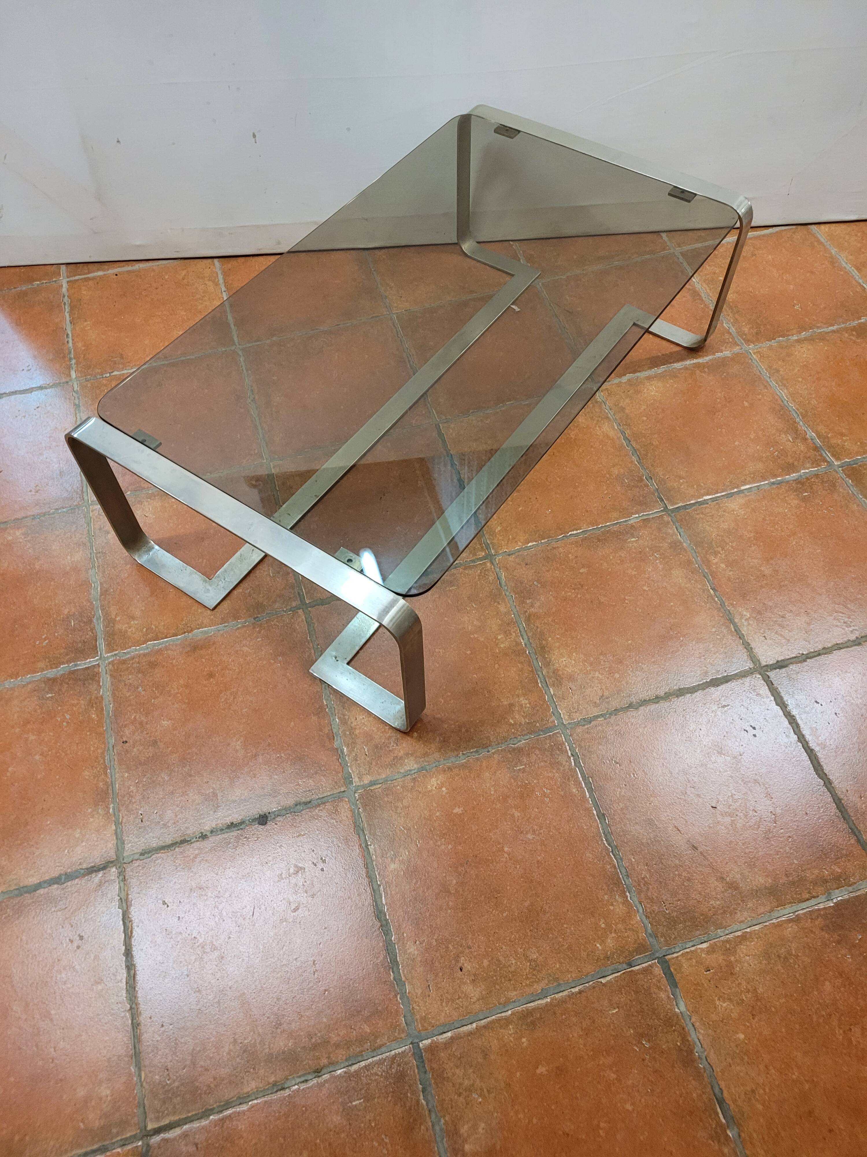 Coffee table with stainless steel base and smoked glass, from the 70s