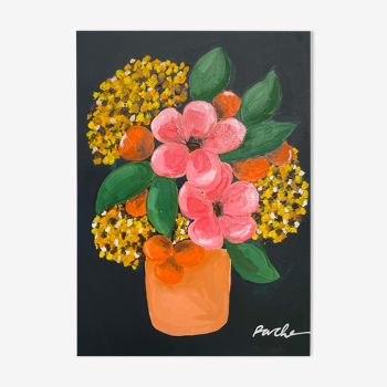 Peinture, vase rose et jaune