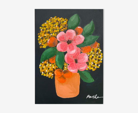 Peinture, vase rose et jaune