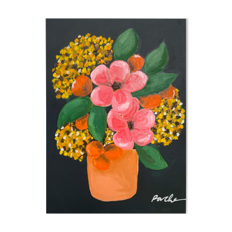 Peinture, vase rose et jaune