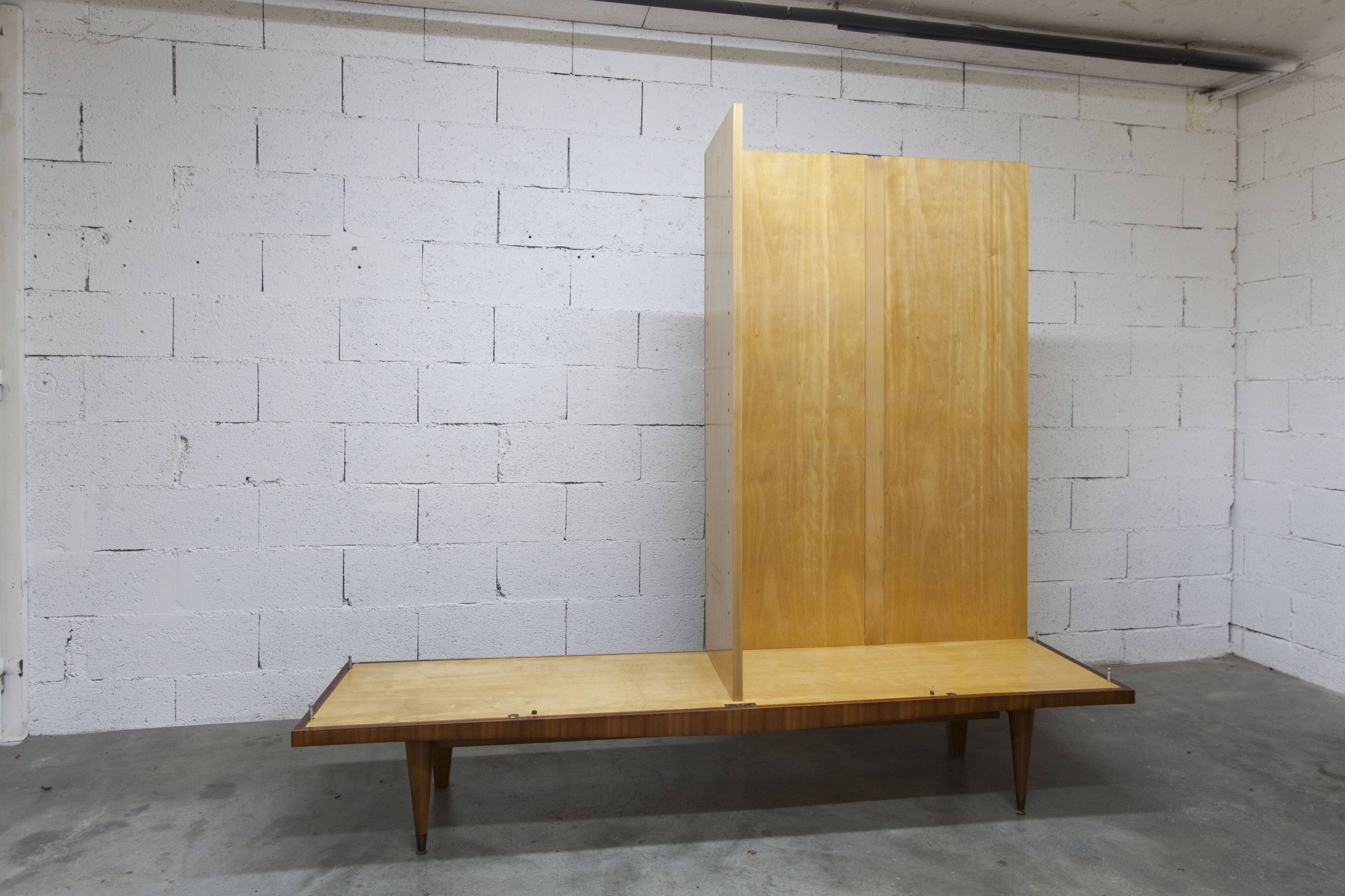 1960s Scandinavian wardrobe, blonde varnished wood, unusual, 4 doors, 3 drawers, 7 shelves.