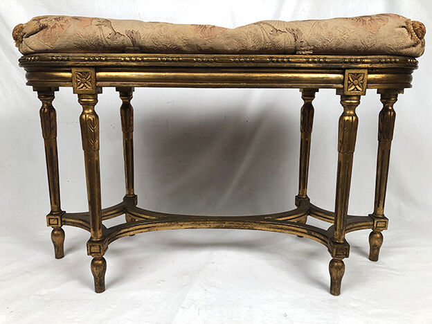 Louis XVI style piano bench, dark gilded cane wood