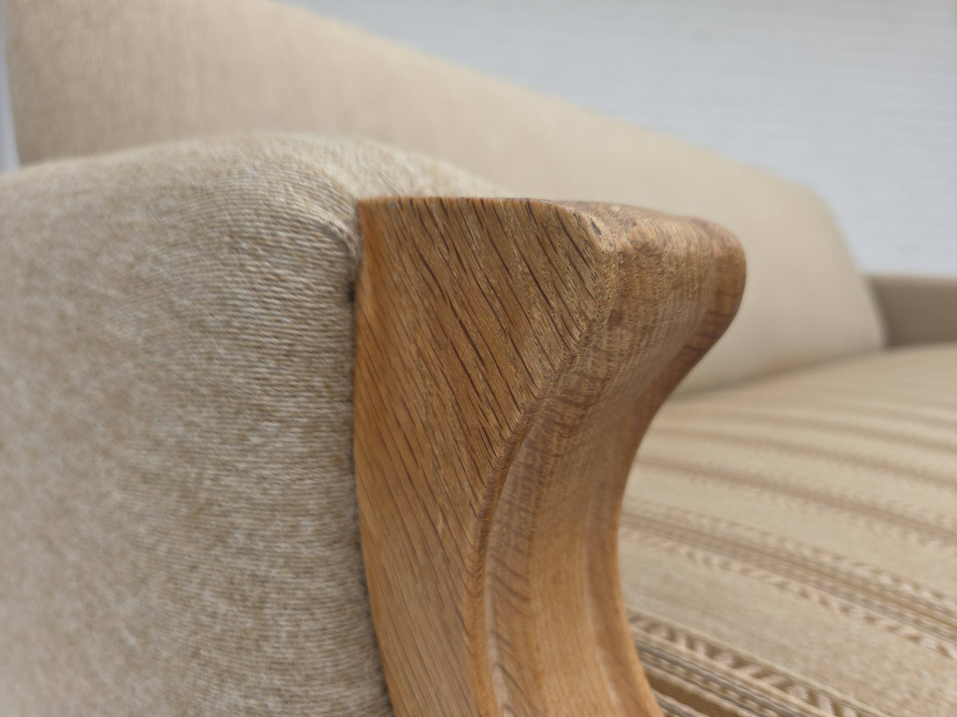 1970s, 3-seater Danish sofa, original beige furniture wool, solid oak wood.