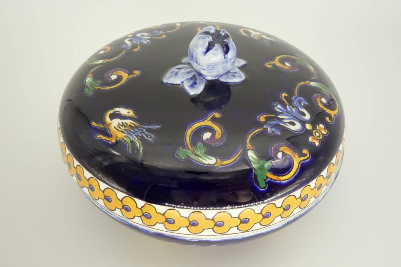Gien faience candy box, Renaissance decor, blue background