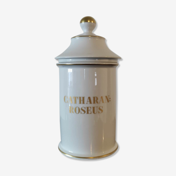 Pharmacy / apothecary pot in white earthenware decorated with gold net, "Catharan: Roseus signed Limoges