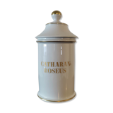 Pharmacy / apothecary pot in white earthenware decorated with gold net, "Catharan: Roseus signed Limoges