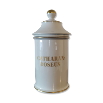 Pharmacy / apothecary pot in white earthenware decorated with gold net, "Catharan: Roseus signed Limoges
