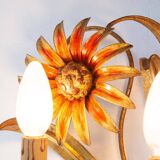 Pair of Italian wall lights in gold metal with flowers and leaves (50 cm)